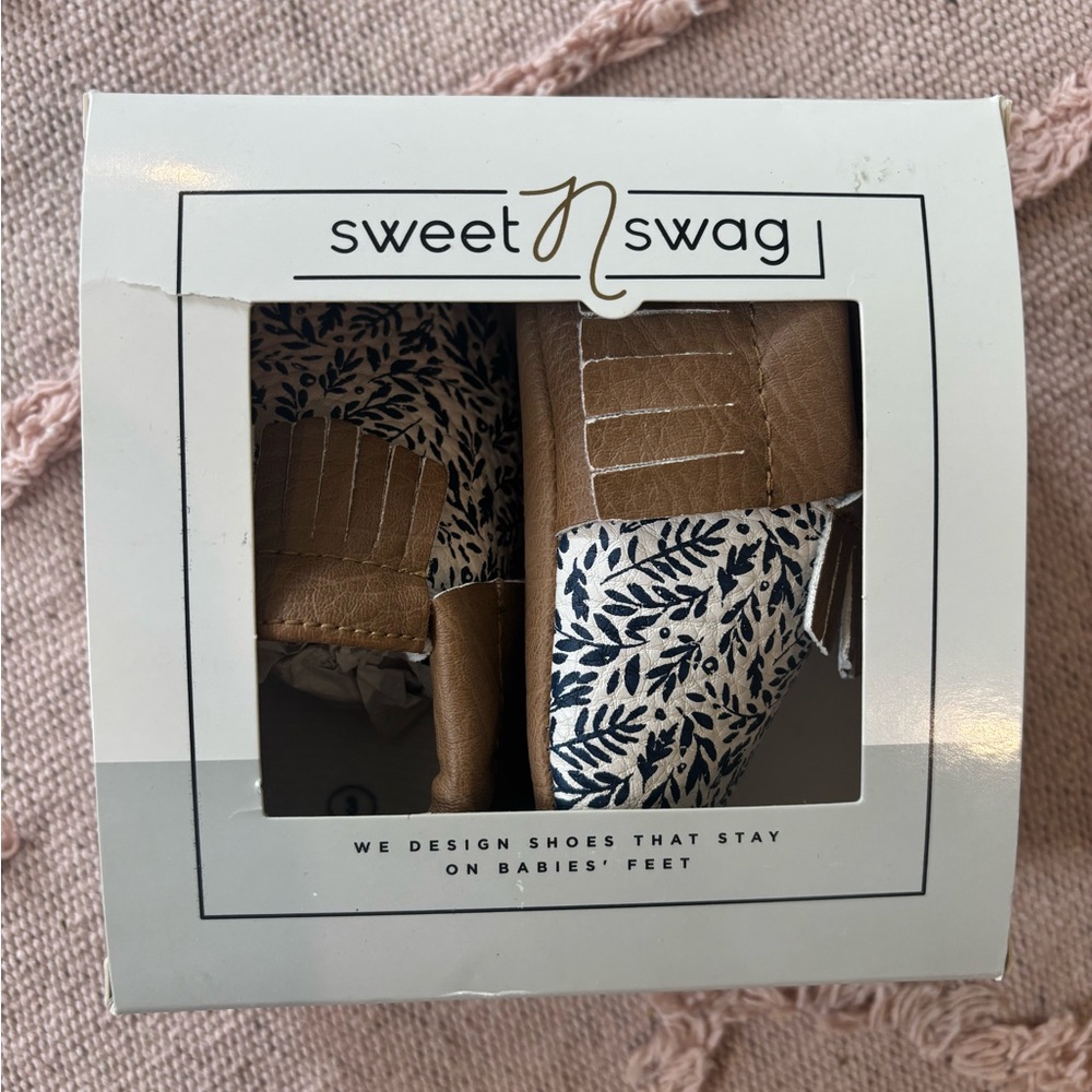 Brand new never opened Sweet N Swag Baby moccasin Shoes Brown and Blue